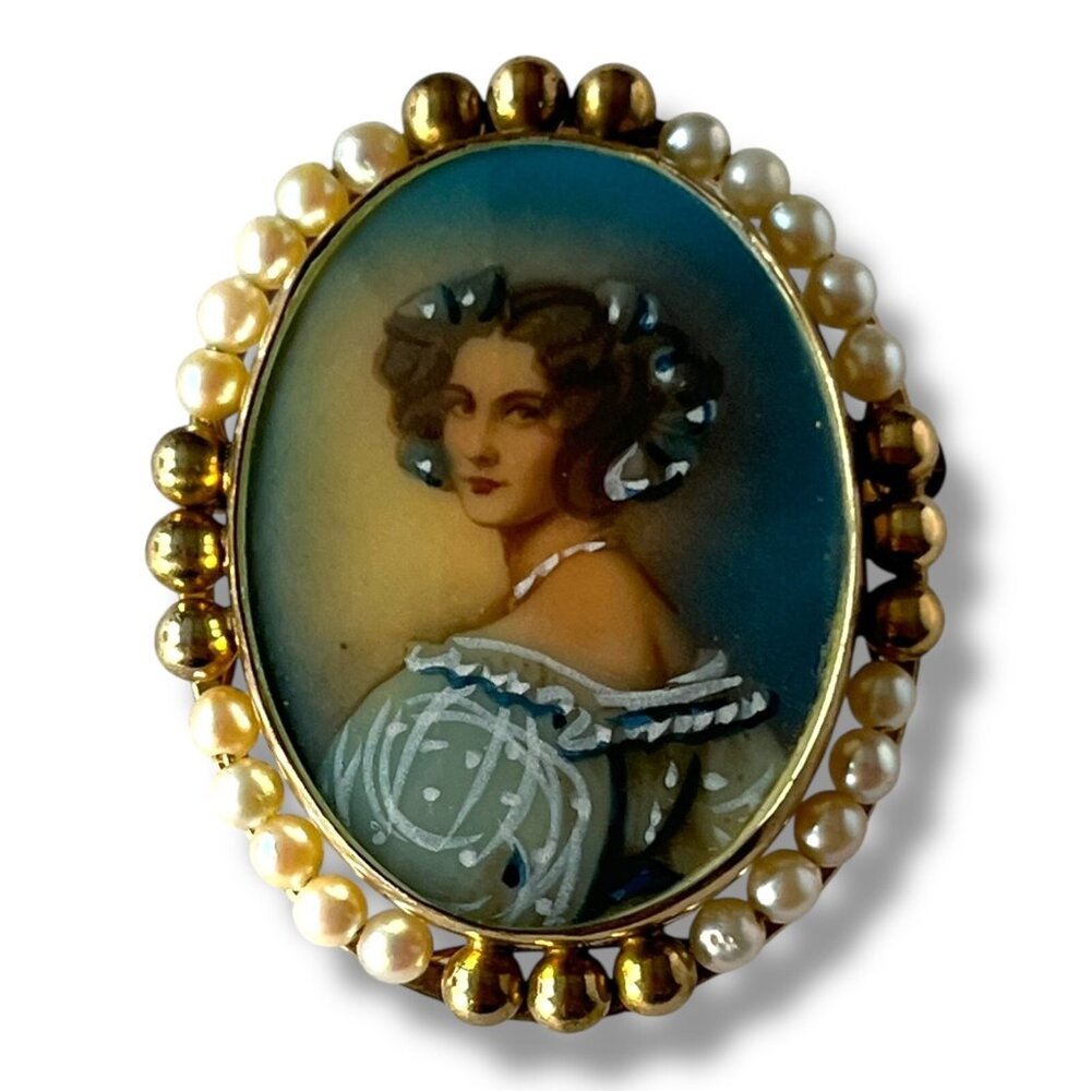 Vintage Hand Painted Portrait Empress Sisi Brooch Seed Pearl & 12K Gold Filled